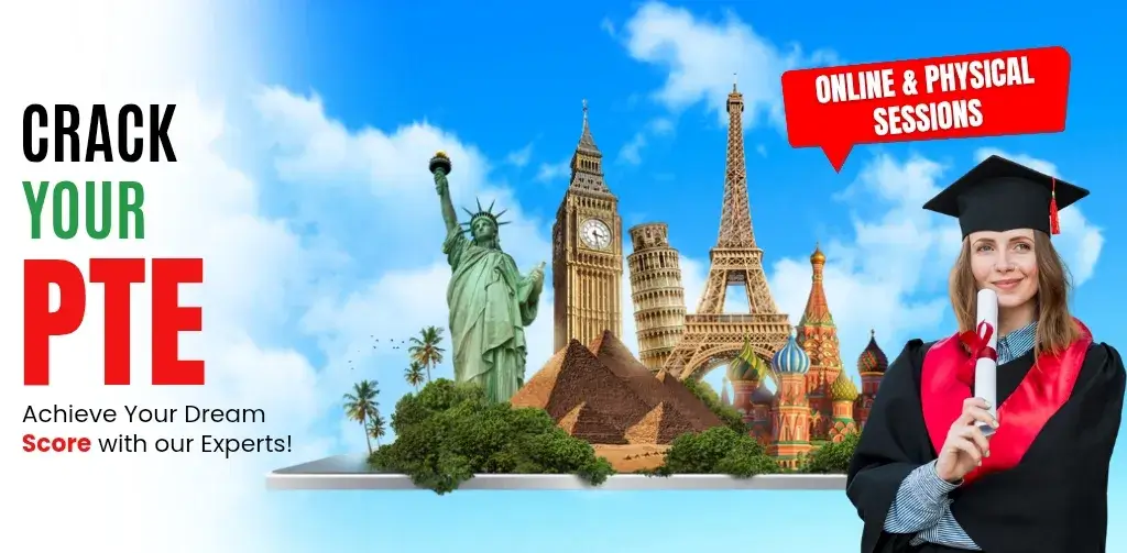 
Promotional banner for PTE exam preparation coaching: A smiling young woman in graduation cap and gown holding a diploma stands beside a collage of global landmarks including the Statue of Liberty, Big Ben, Eiffel Tower, Egyptian pyramids, and Saint Basil's Cathedral, symbolizing studying abroad. Bold text reads "CRACK YOUR PTE" in black, green, and red, with "Achieve Your Dream Score with our Experts!" below, and a red speech bubble saying "ONLINE & PHYSICAL SESSIONS".